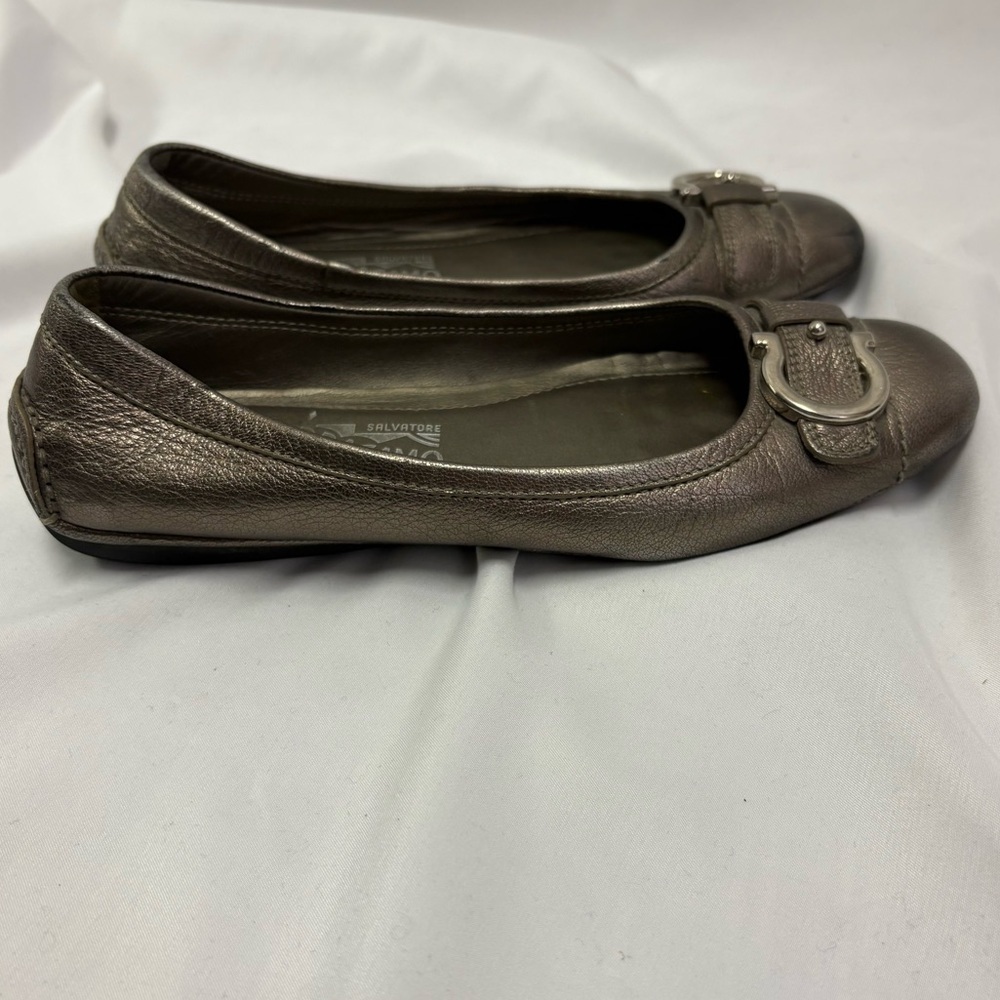 Salvatore Ferragamo Ballet Flats Metallic Bronze Leather US 6.5 Silver Buckle - Picture 8 of 14